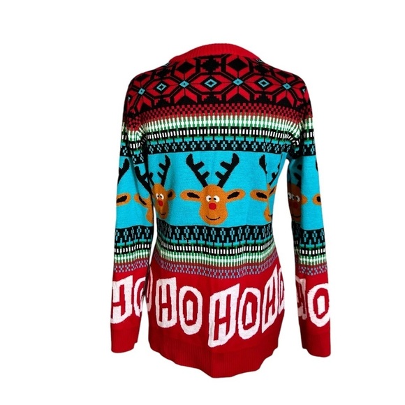 Reindeer Ugly Christmas Sweater HO HO HO Mixed Pattern Red Blue Size M - Picture 5 of 17